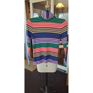 Boden Womens Multi Color Rainbow Striped Ribbed Cotton Turtleneck Top T1663 US 6